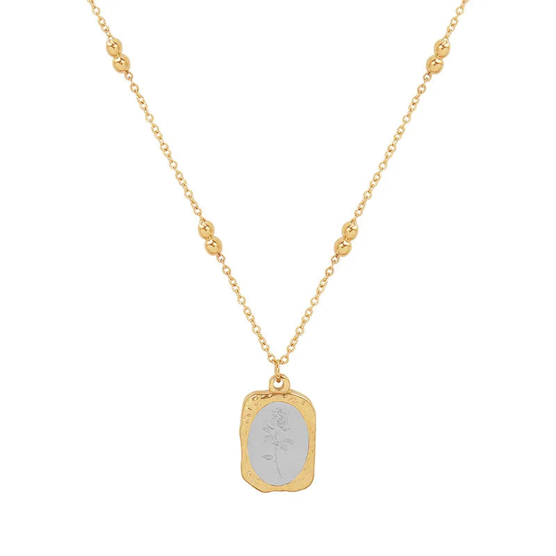 Stainless Steel Rose Flower Oval Necklace Jewelry Women 18k Gold Plate Waterproof Irregular Square Pendant Jewelry