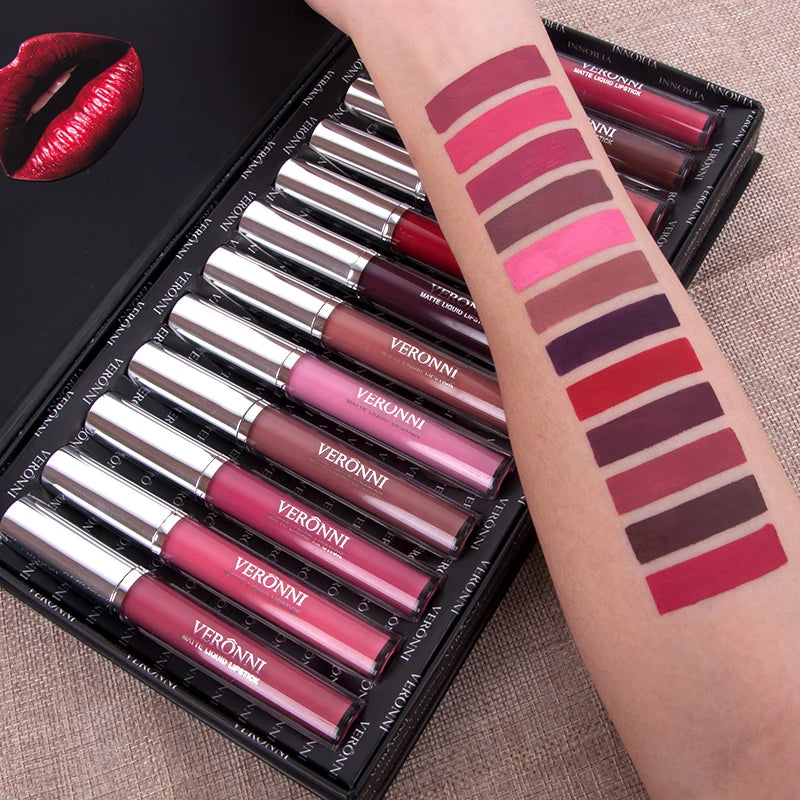 12pcs Women Moisturizer Liquid Glosses Lipsticks Set Makeup Lip Gloss Kit Rouge  Matte Lipstick