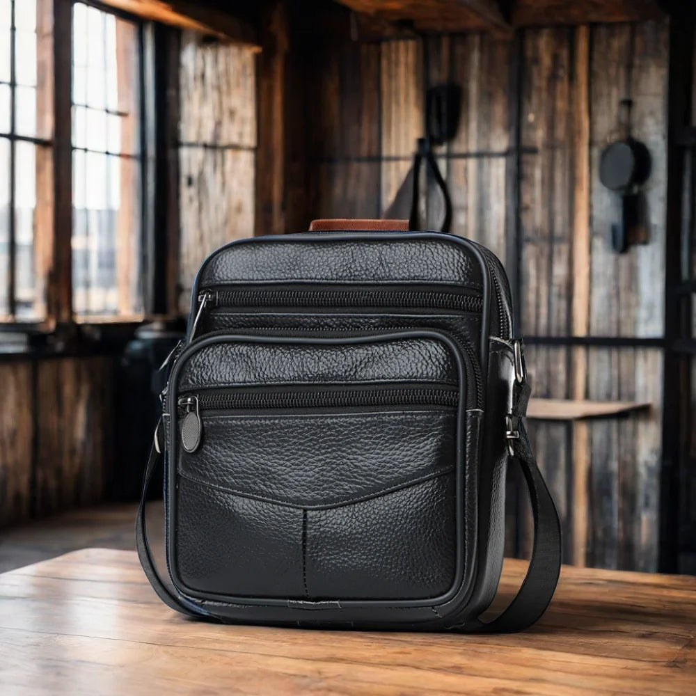 DUJIANG Men's Fashionable Genuine Cowhide Leather Mini Crossbody Bag Vintage Style Messenger with Custom Logo Zipper Decoration