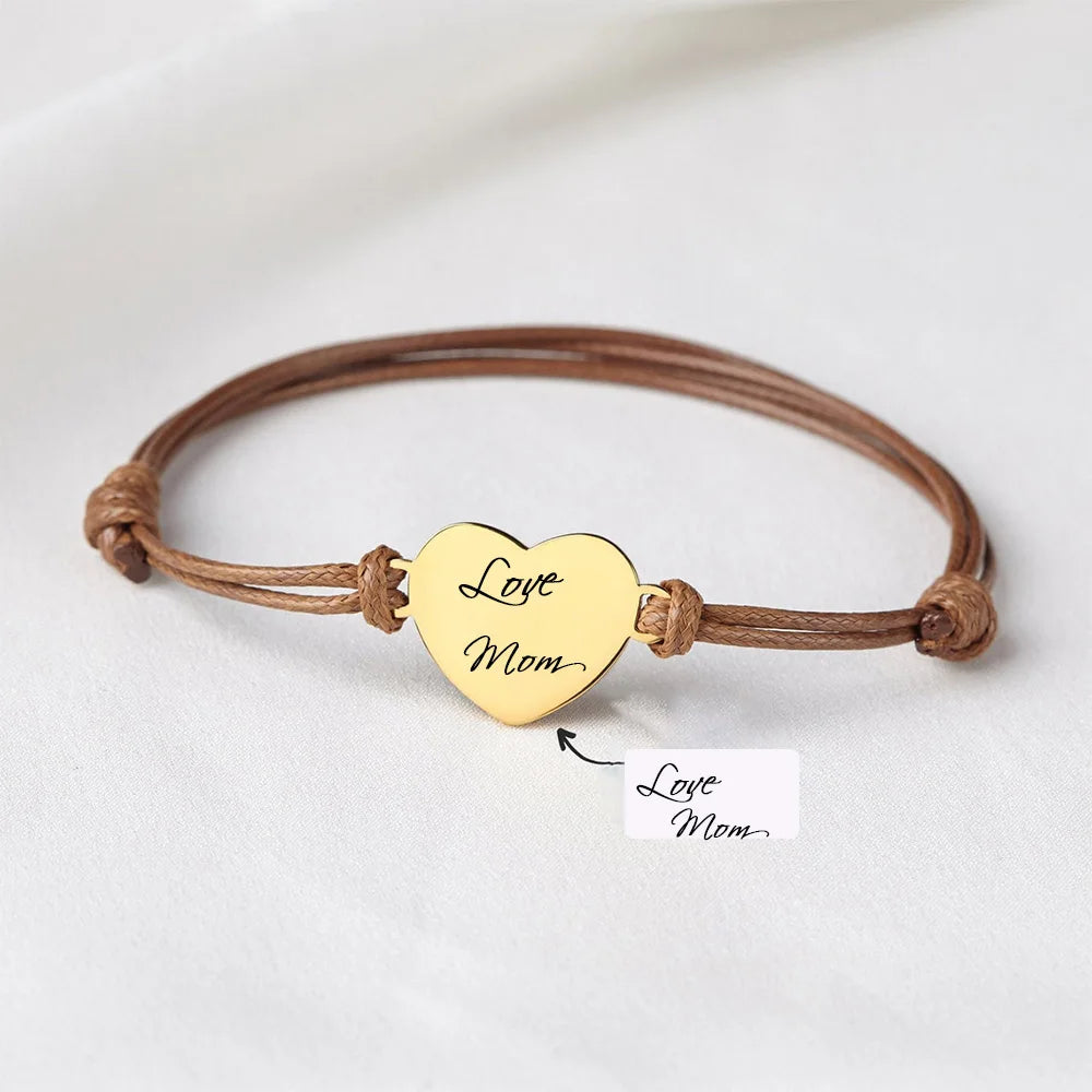 Stainless Steel 18K Gold Rose Gold Engraved Personalized Name Date & Birth Bracelet Macrame Rope Heart Fashion Charm Bracelets
