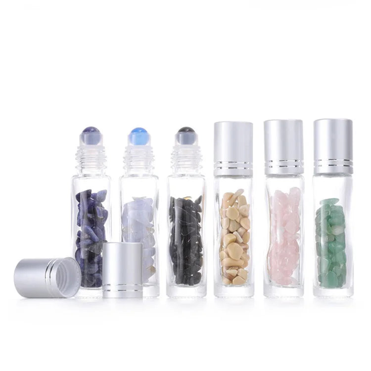 Silver Aluminum Lid Essential Oil Gemstone Roller Bottle 10ml Round Small Portable Jade Perfume Glass Roll on Bottle