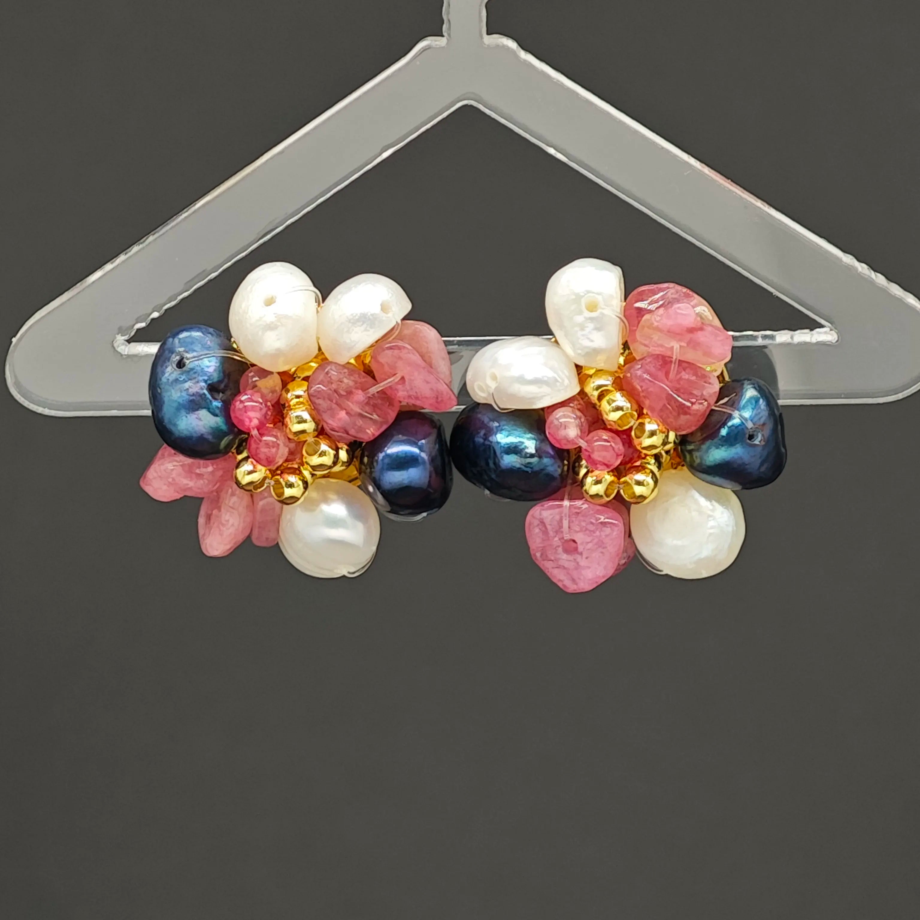 Ilona 18K Gold Plated Copper Freshwater Pearl Stud Earrings Beautiful Colorful Flower Design Elegant Jewelry