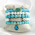 2025 New Fashion Bohemian Women Jewelry 6pcs Natural Stone Glass Beads Elastic Stack Bracelet Set Open Star Leaf Bangle