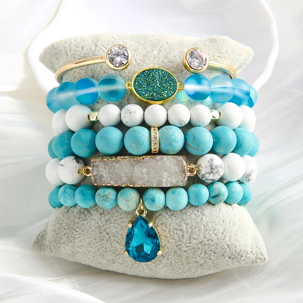 2025 New Fashion Bohemian Women Jewelry 6pcs Natural Stone Glass Beads Elastic Stack Bracelet Set Open Star Leaf Bangle