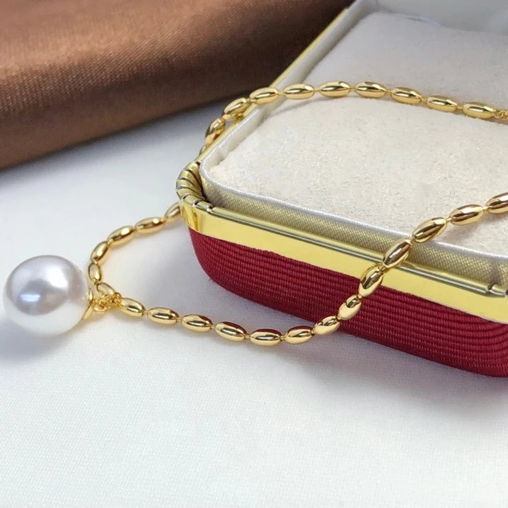 B451 8-9mm 925 Sterling Silver Gold Plated Wholesale Freshwater Pearl Charm Bracelet  Bangle Fancy Jewelry for Women