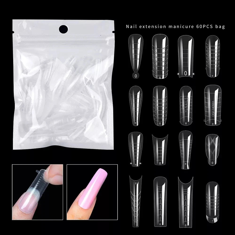 Nail Art Crystal Extending Fast Phototherapy 60pcs/Pack Nail Art Mould Tips Crystal Extension Nail UV Gel Long Coffin Ballerina