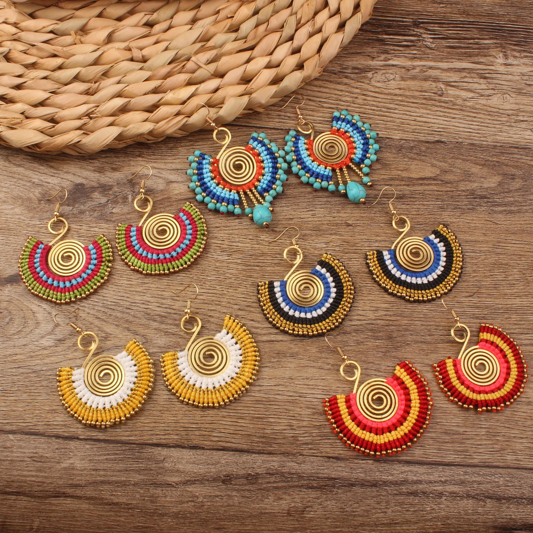 Ethnic Woven Large Fan-Shaped Earrings Bohemian Tassel Colorful Earrings for Women Dresses