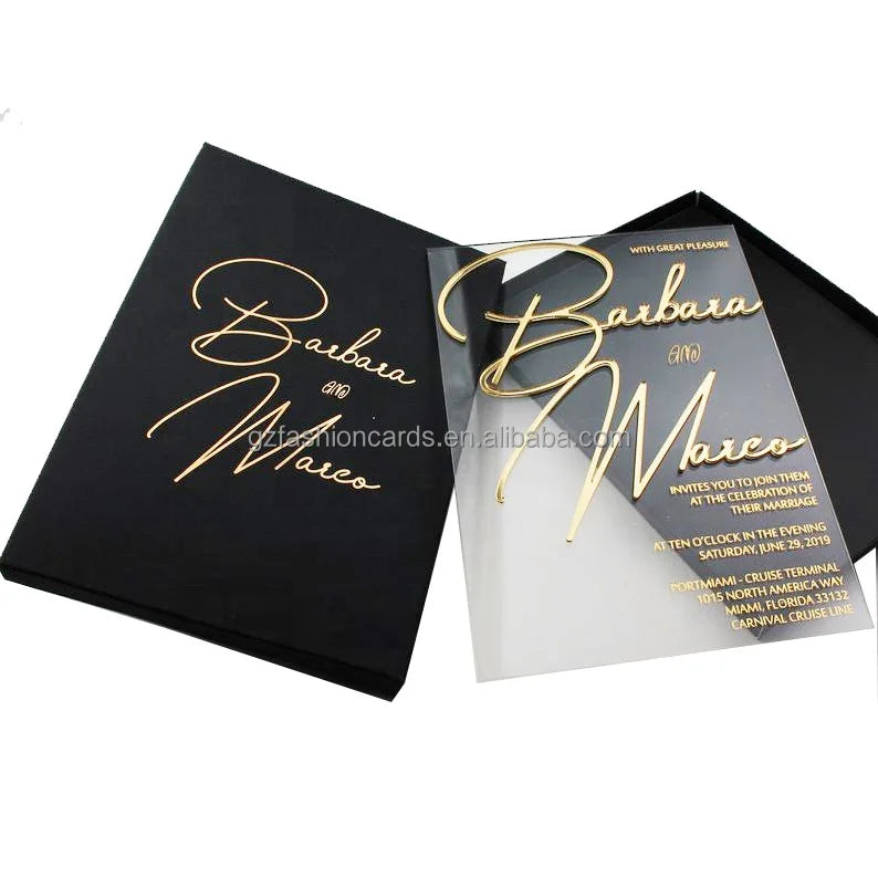 New Design Custom Plastic clear Wedding Invitation Cards and Plastic Mirror Acrylic Birthday Invitations in a Box