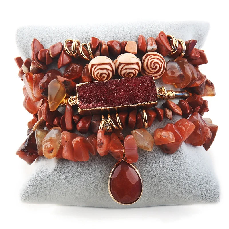 New Boho Jewelry  Natural Stone Gravel Rose Bead Bracelet Druzy Bangle Drop Pendant Stack Bracelet Set