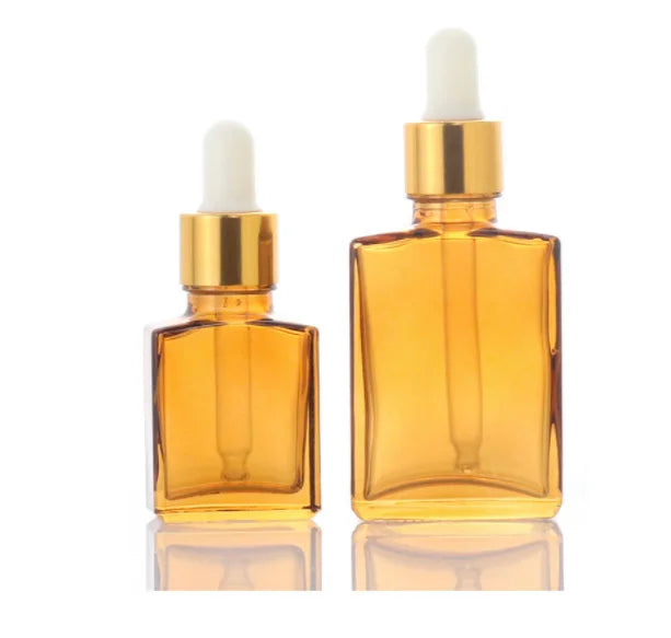 Flat Square Shape Rectangle Luxury Amber Color 15ml 30ml Glass Dropper Bottles With for Serum Essential Oil