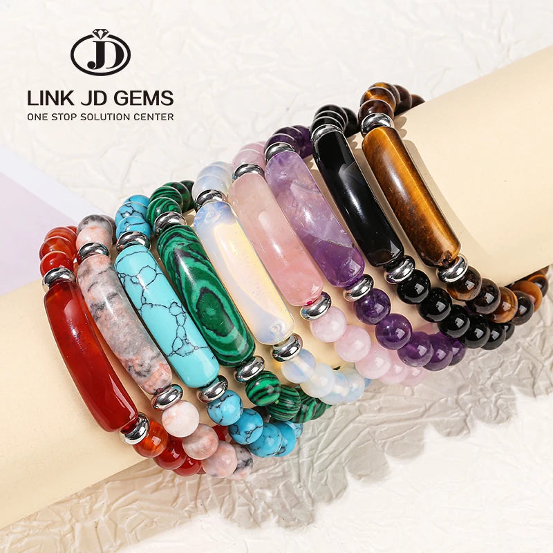 Hot Sale Natural Rose Quartz Crystal Energy Stone Beads Stretch Bracelet Pink Quartz Rectangle Bar Bracelet