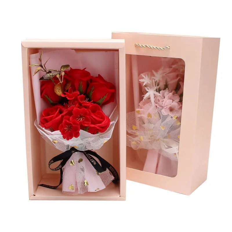 Fragrant Romantic Artificial Flower 5 Heads Soap Rose Bouquet Gift Box for Valentine Christmas Mother's Day Decoration