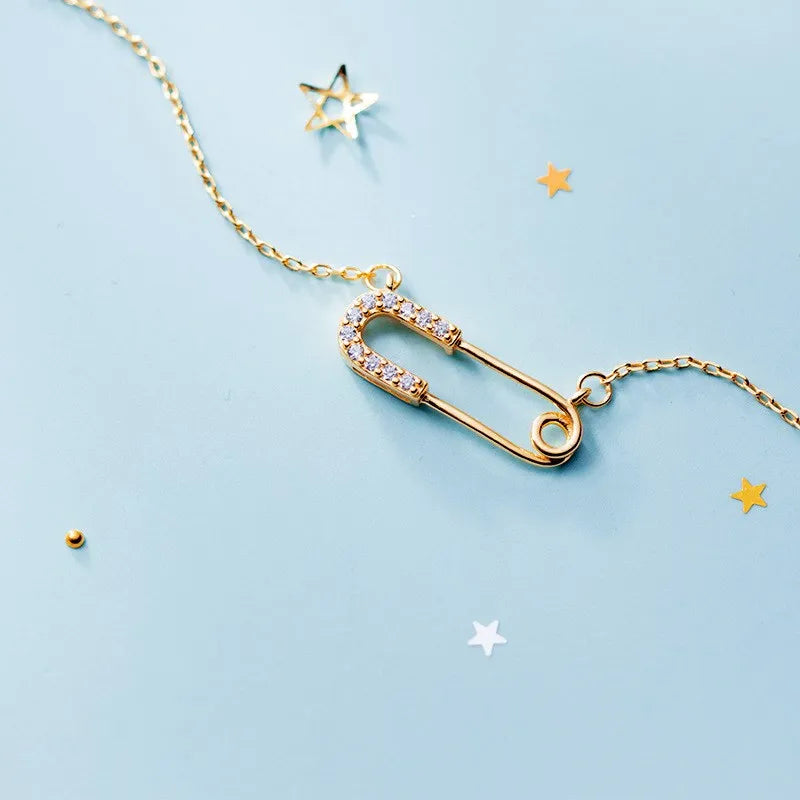Cubic Zirconia Safety Pin Pendant Statement 18K Gold Plated Chain 925 Sterling Silver Necklaces Fine Jewelry for Women