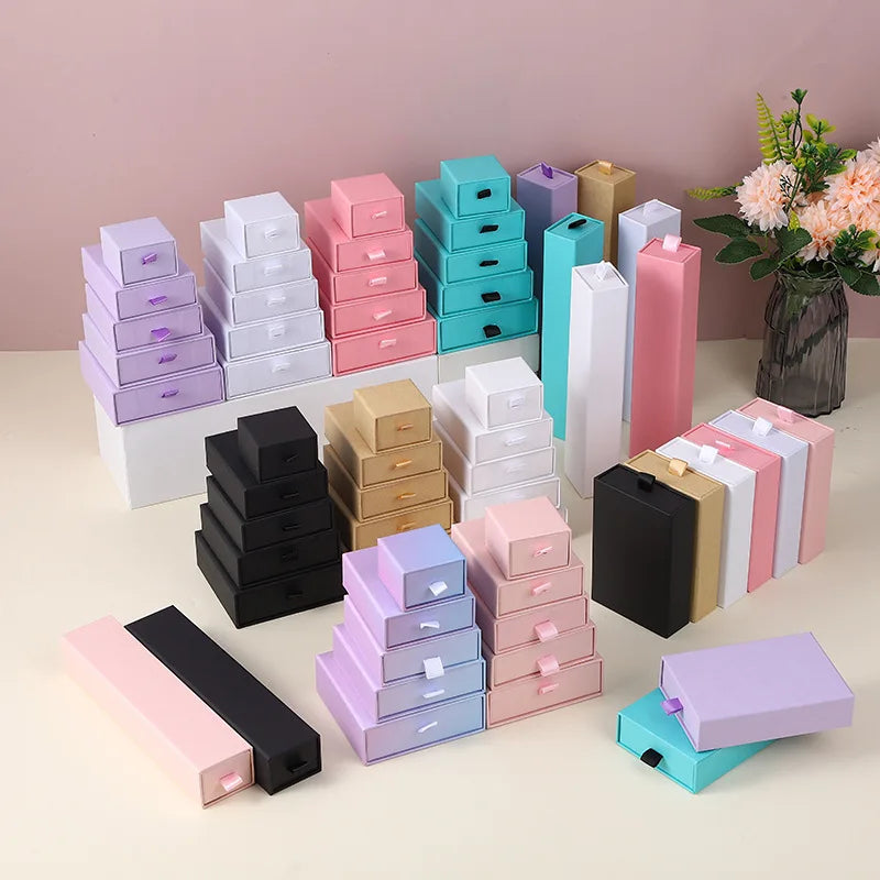 Custom Pink Luxury Jewelry Packaging with Sliding Drawers Pattern Paper Gift Box Cute Slider Handle Necklaces Earrings Bracelets