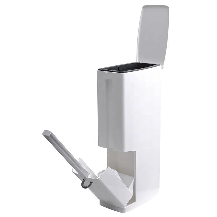 Plastic Trash Can With Toilet Brush Holder 6 Liter Garbage Can With Press Top Lid White Rectangular Modern Waste Can
