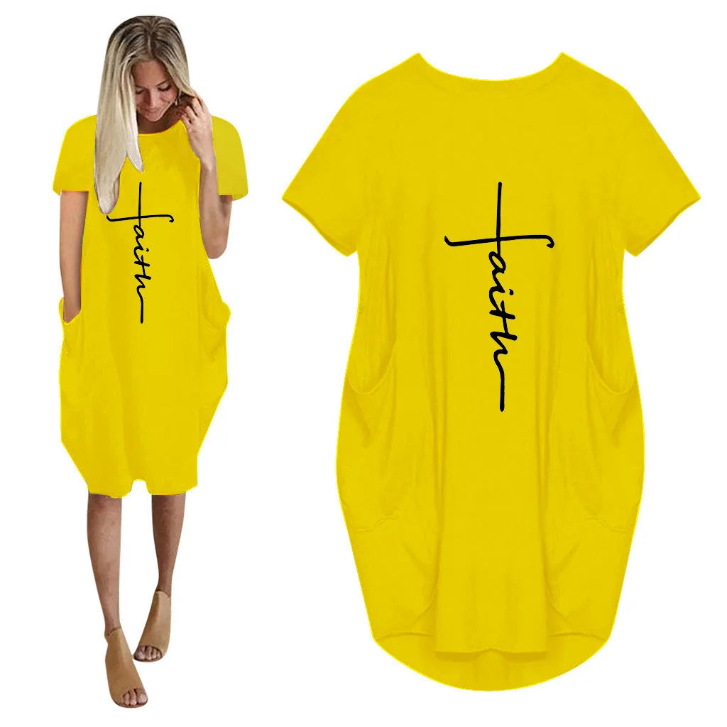 Women Faith Oversize Baggy T Shirt Causal Loose Party Midi Dresses With Pockets