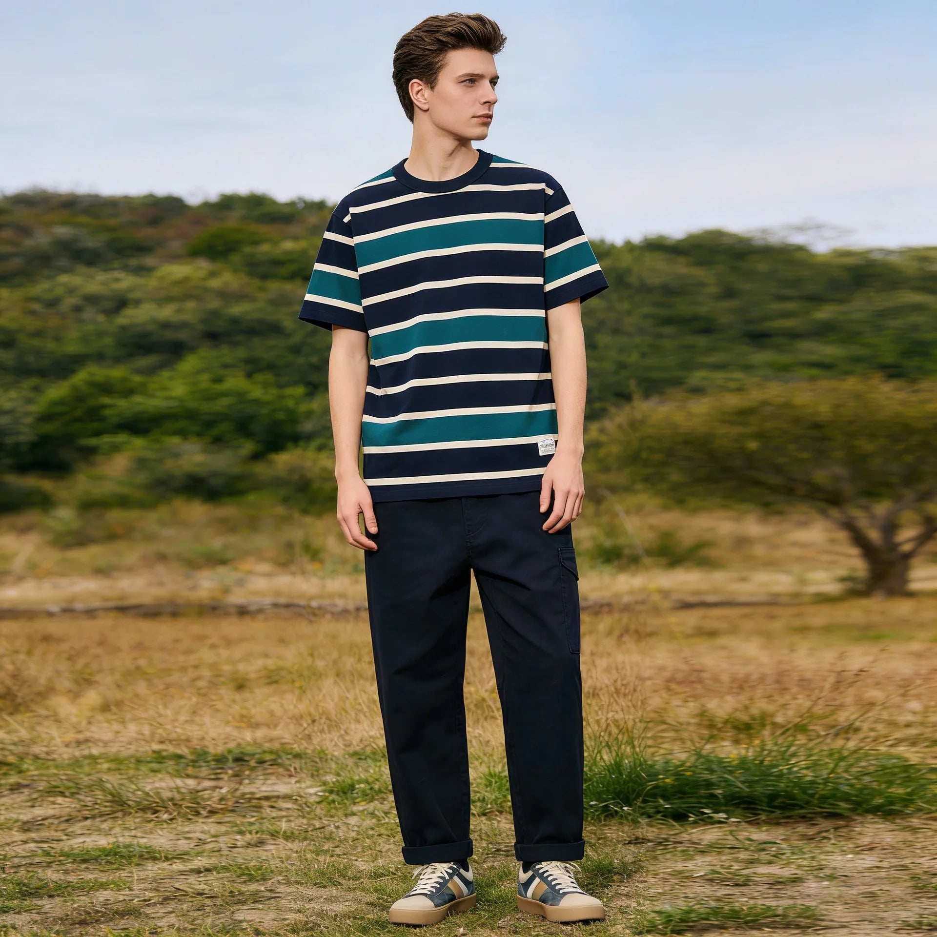 Summer New Men Breton Striped T-shirt 100% Cotton Men's Casual T-Shirt Multi-Color Stripe Heavy O-Neck Loose Tshirts Wholesale