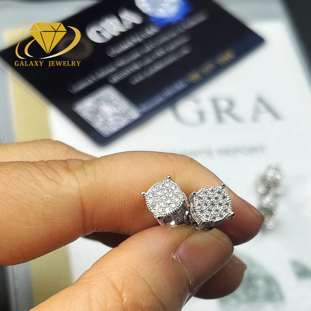 Hip Hop Moissanite Jewelry Screw Back Stud Earrings 925 Sterling Silver Moissanite Diamond Studs Earrings with GRA Certificate