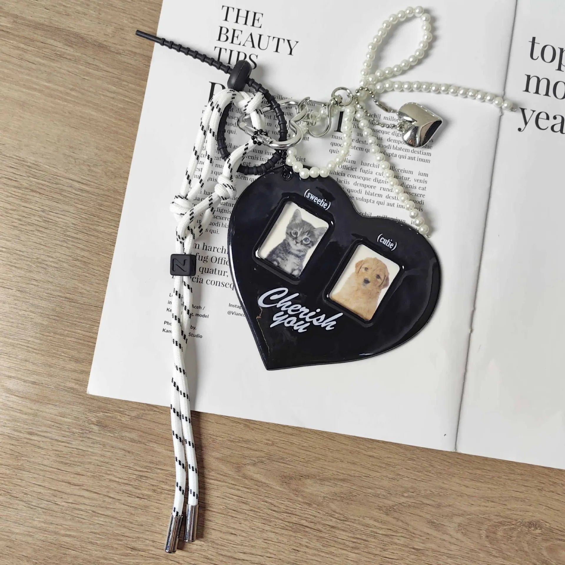 Ins Heart Shape Card Holder Keychain Pearl Bead Knot Hanging Women Key Chains Backpack Pendant Decor Charm Braided Rope Keychain