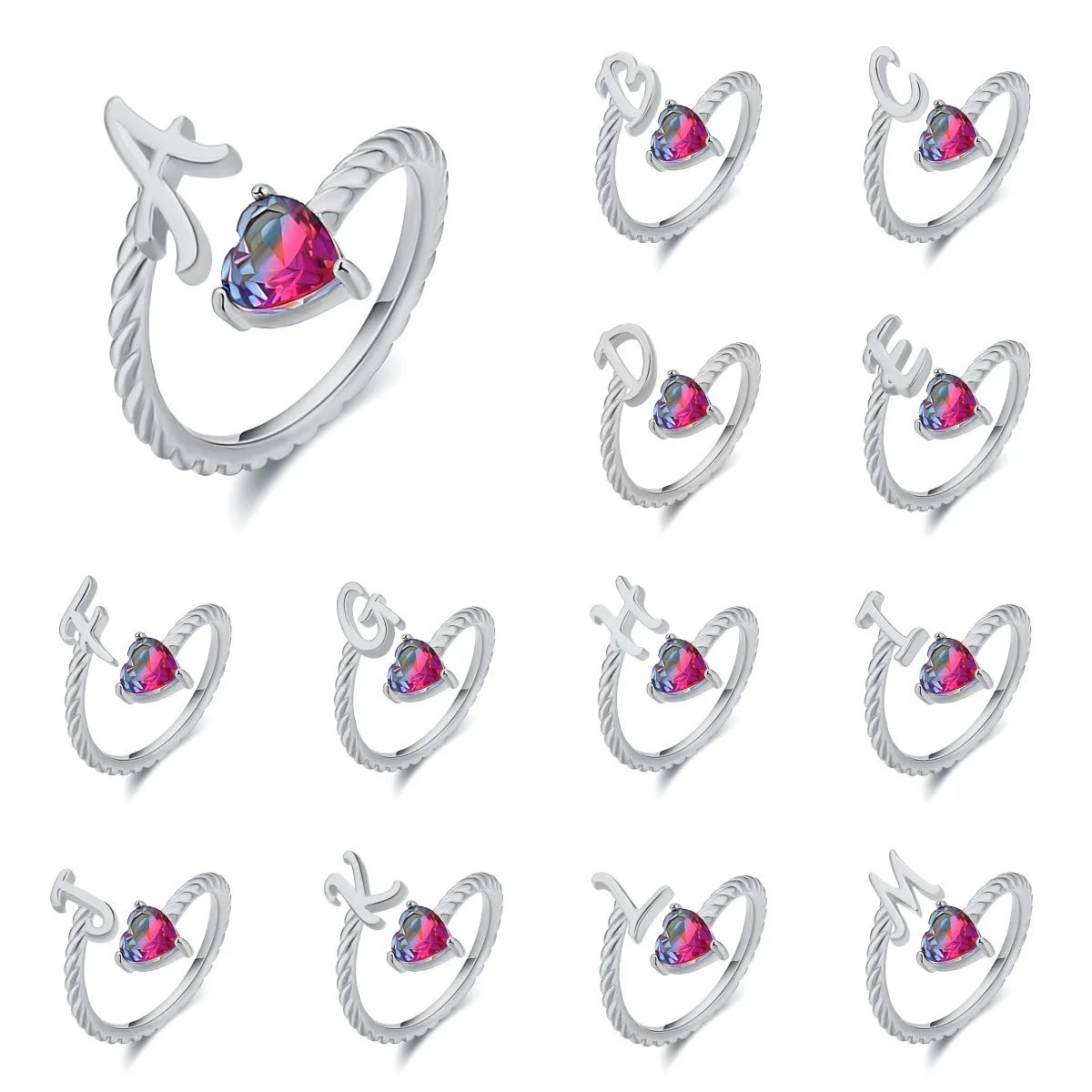 English Letters Design With Gradient Tourmaline Diamond Couple Ring for Lover Colorful Heart Zircon Open Adjustable Finger Ring