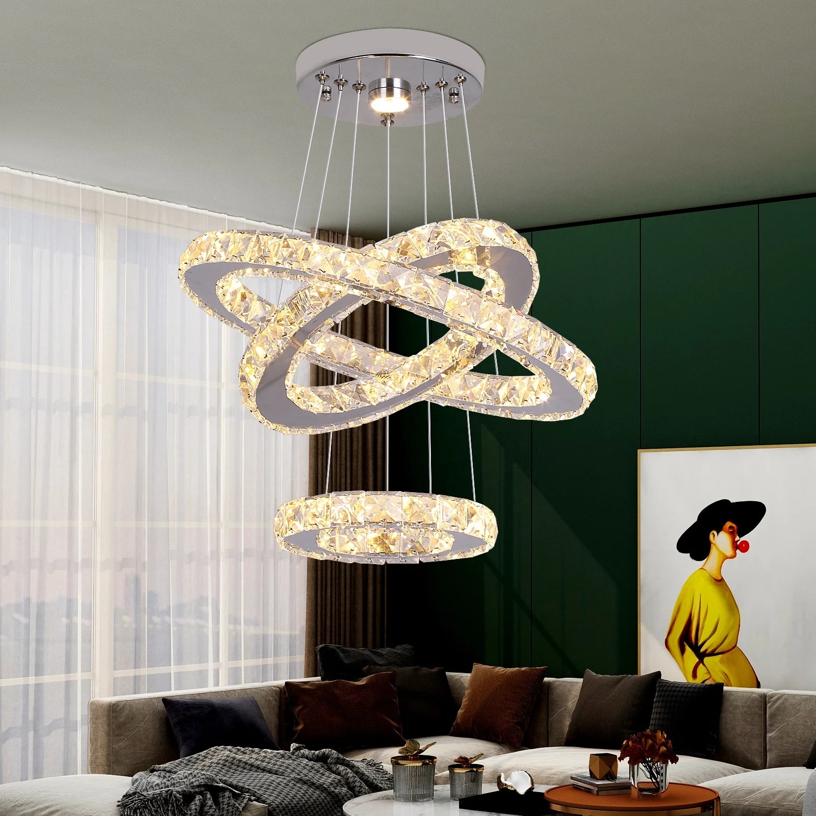 3 Ring Modern Clear K9 Crystal Chandeliers Pendant Light Fixture With Remote Control Ceiling Lamparas 47W Change Colors