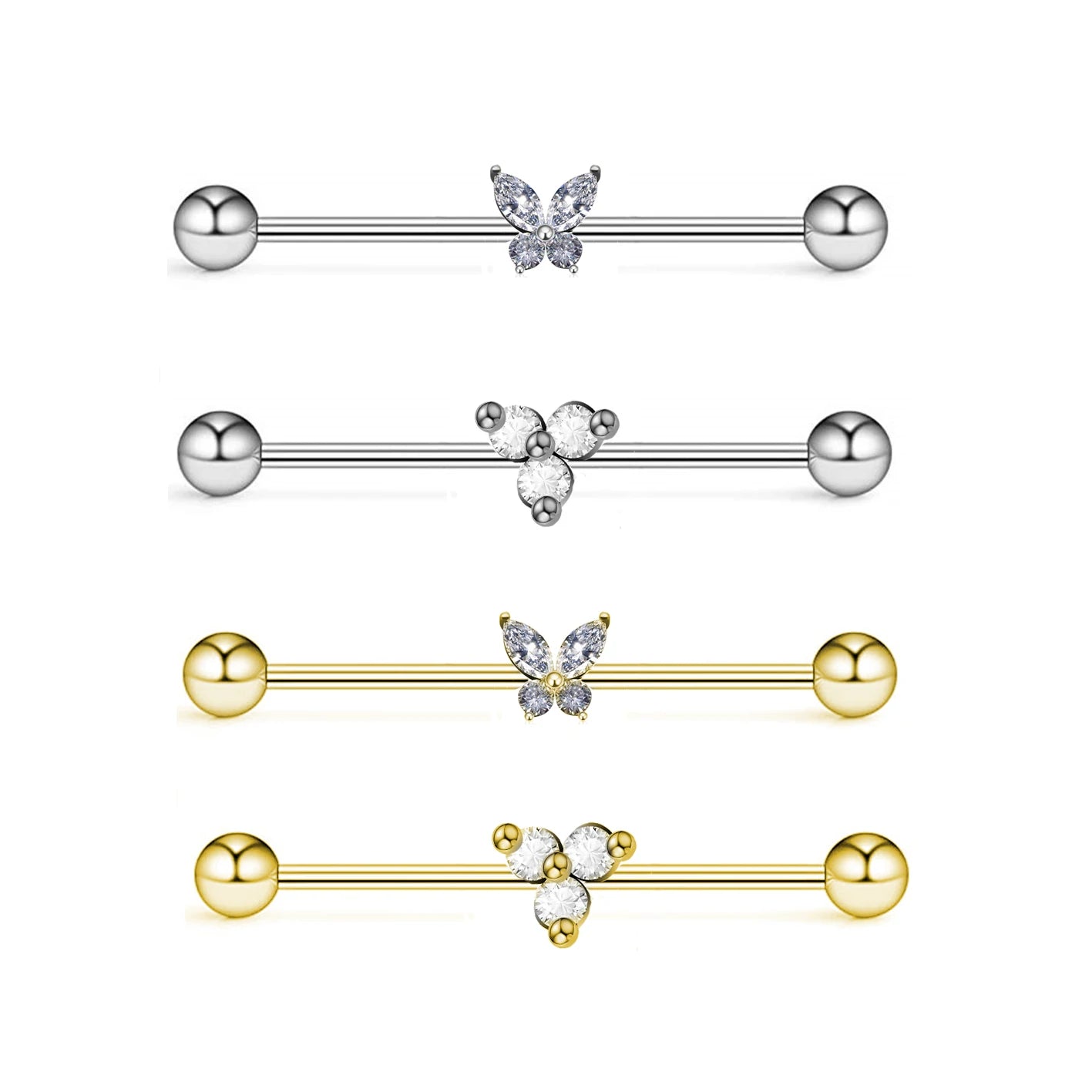 Gaby Hotsale Industrial Barbell Earring CZ Flower Butterfly Body Piercing Jewelry with Zircon for Wedding Engagement Party Gift