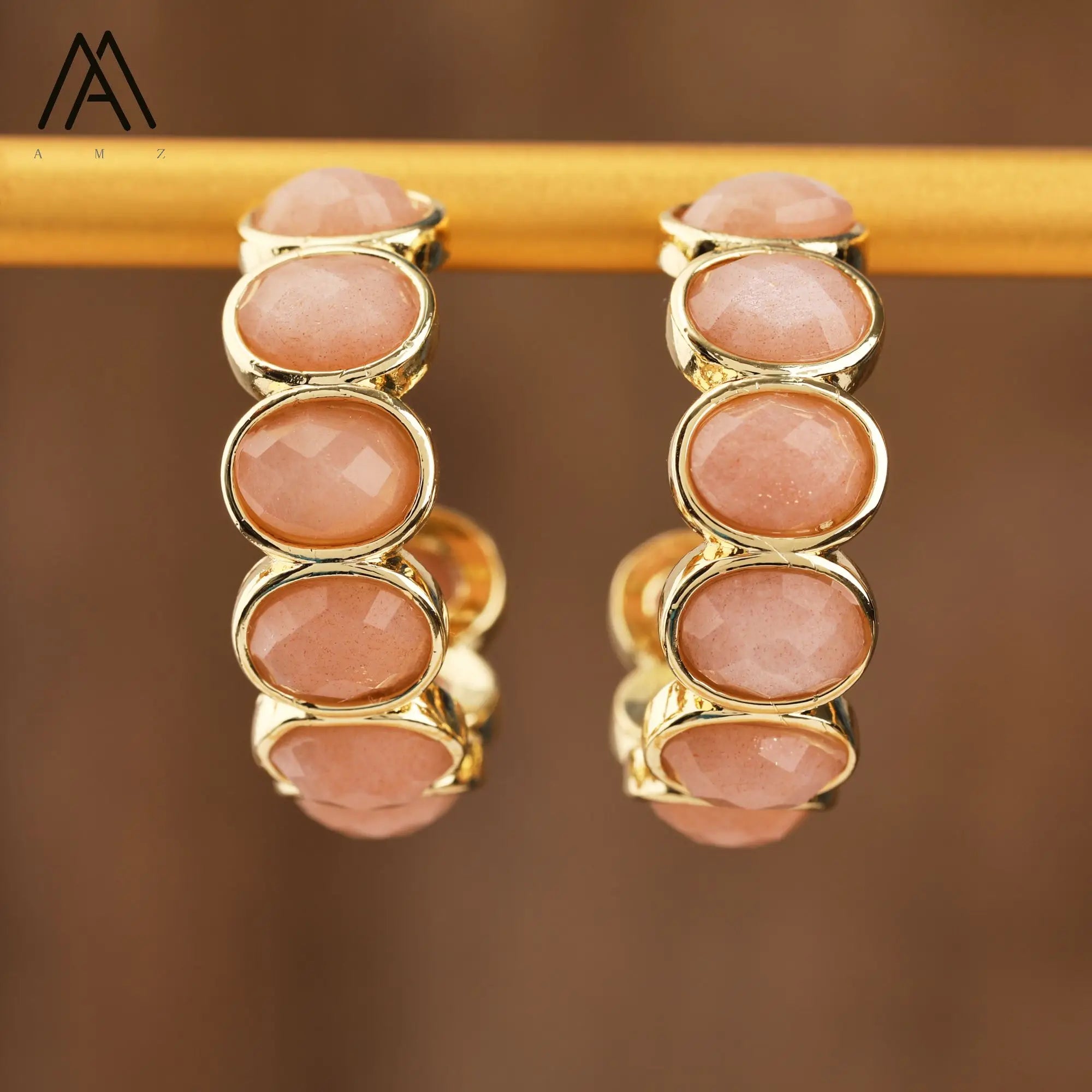 Exquisite Gold Jewelry Sunstone Rose Quartz Crystal Hoop Earrings for Women for Wedding Party or Birthday Gift