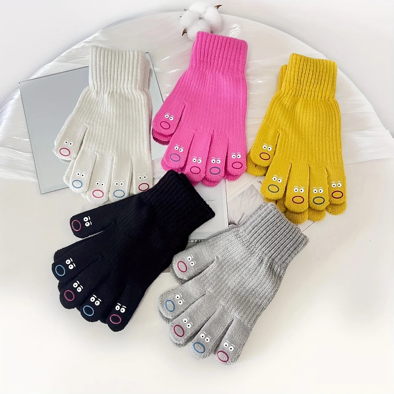 Cartoon Cute Couple Fingerless Winter Warm Breathable Touchscreen Knitted Cycling Gloves Jacquard Style Daily Ski Use