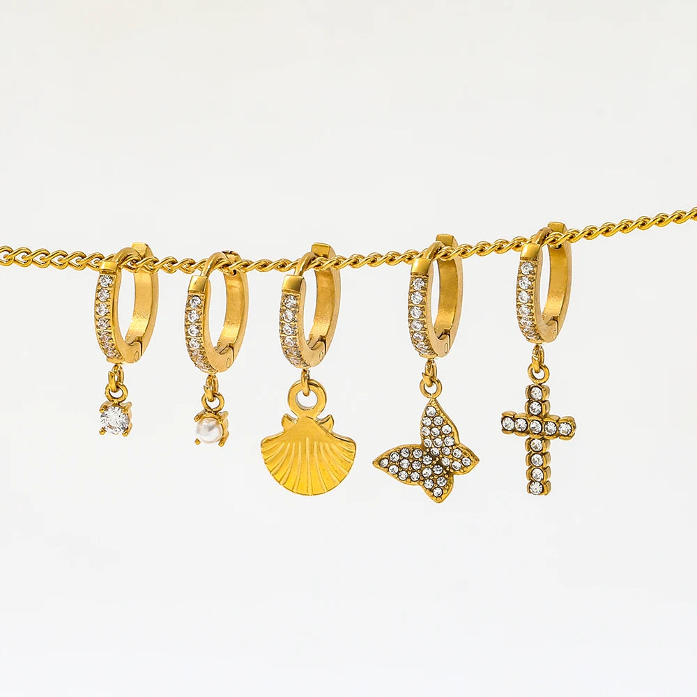 Trendy PVD 18K Gold Plated Zirconia Pave Huggie Shell Cross Butterfly Pendant Earring Stainless Steel Fashion Jewelry Wholesale MegaBDM