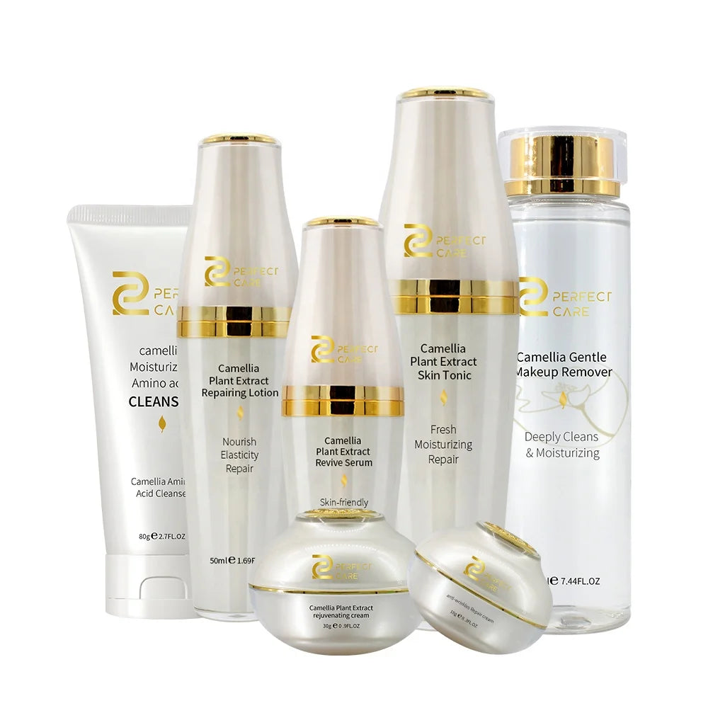 Private Label Herbal Face Care Set Anti-Aging Wrinkles Moisturizer Whitening Cruelty-Free Oil-Free Camellia Hyaluronic