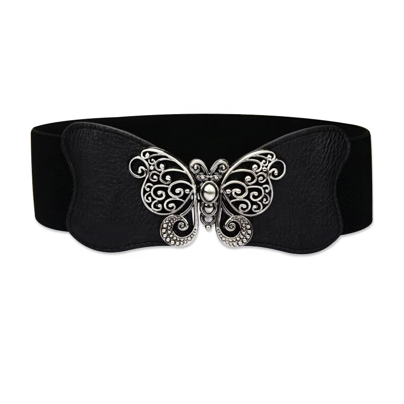 Factory Wholesale Stylish Women Fashionable Dress Decoration Ladies' Wide Elastic Belt With Brown Butterfly Knot Buckle
