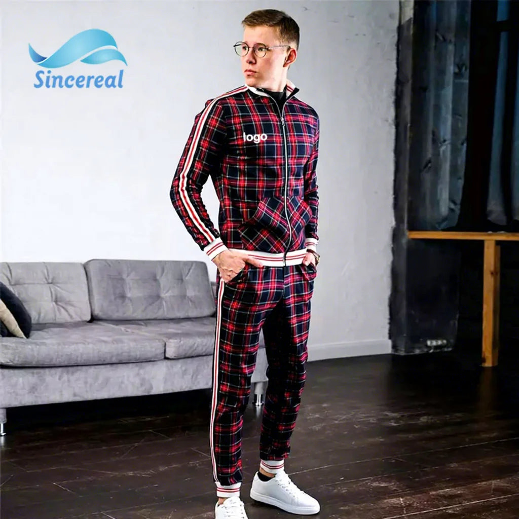 Custom Ropa Deportiva Para Hombre Hombre Gym Men'S Tracksuit Spring Autumn Fashion Plaid Tracksuit Casual Two Piece Set
