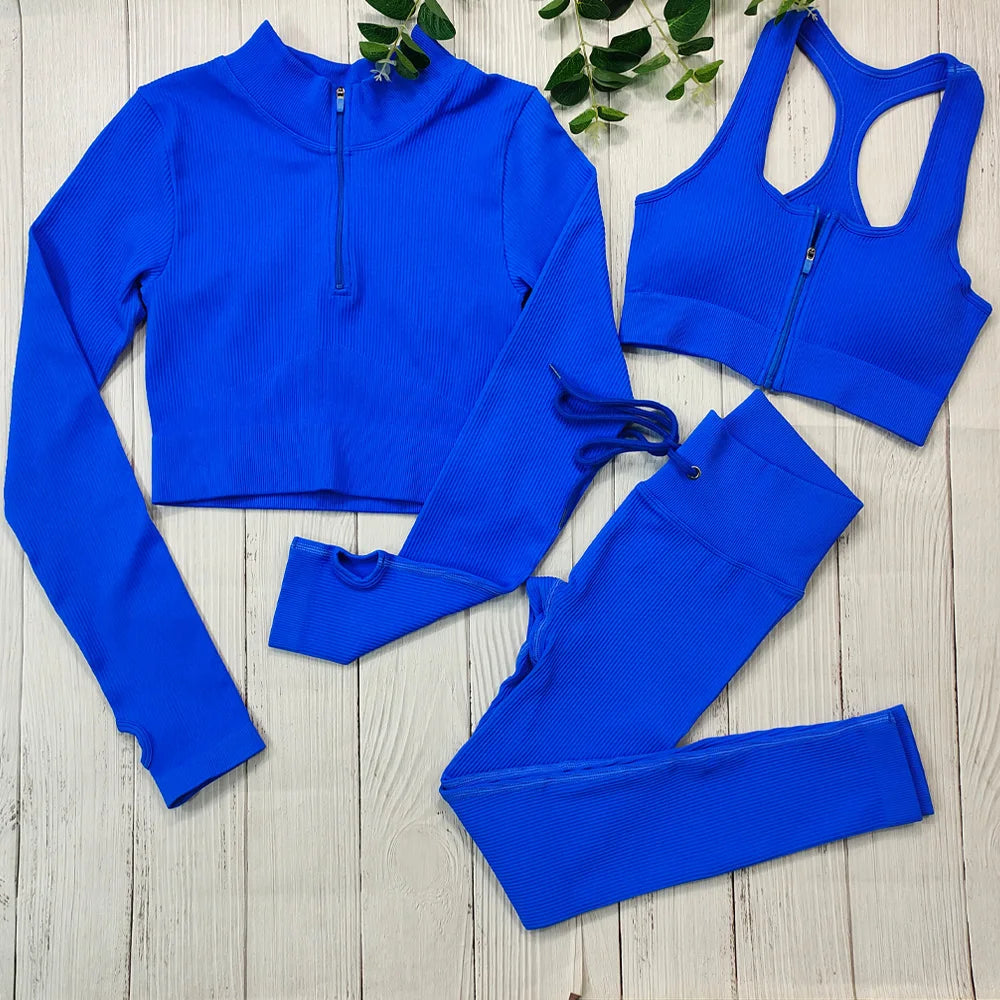 Zipper Ribbed Seamless Sports Bra Set High Waist Running Women Yoga Leggings Sets Nylon Gym Fitness Wear Sets for Ladies