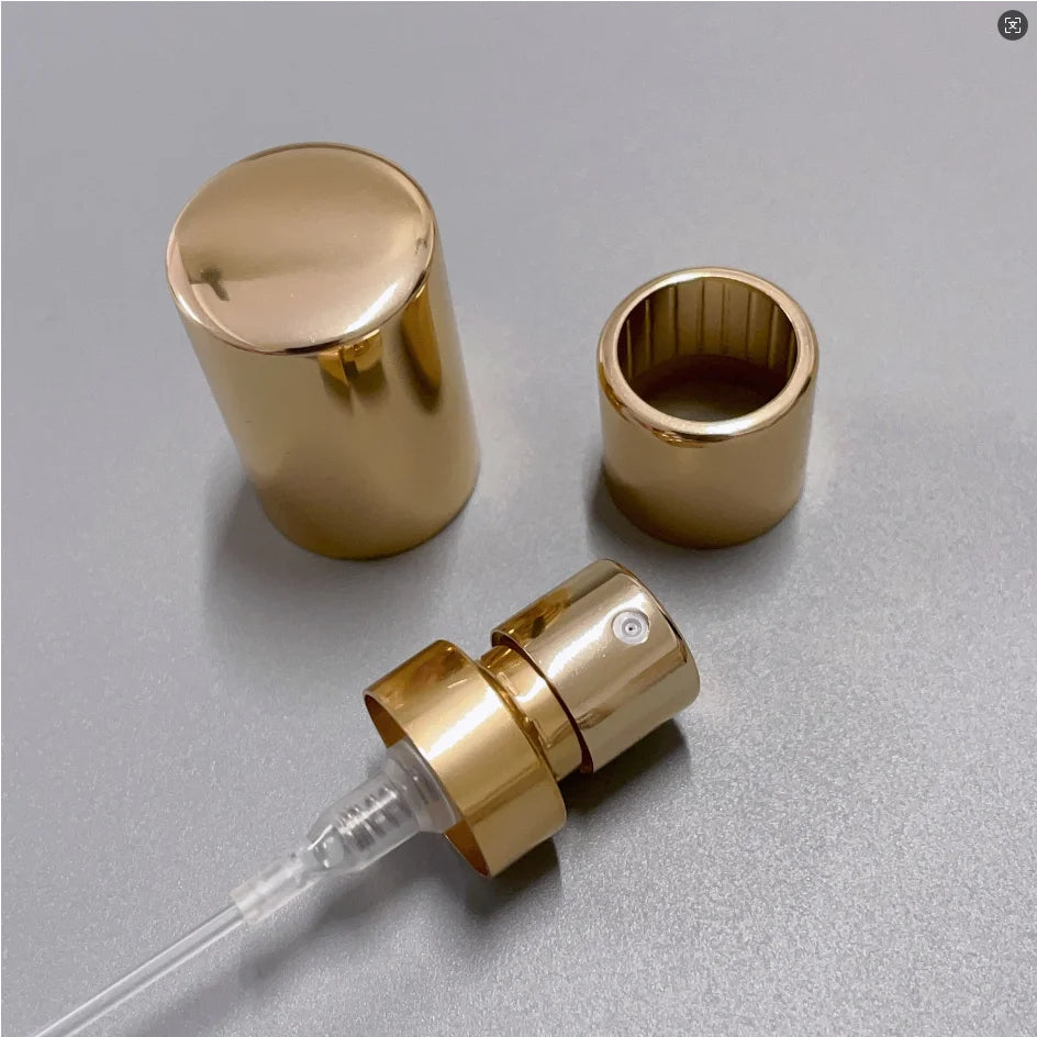 Free Sample Aluminum 15mm Shiny Gold Crimp Pump Perfume Glass Bottle Pump Aluminum Fine Mist Sprayer Pump