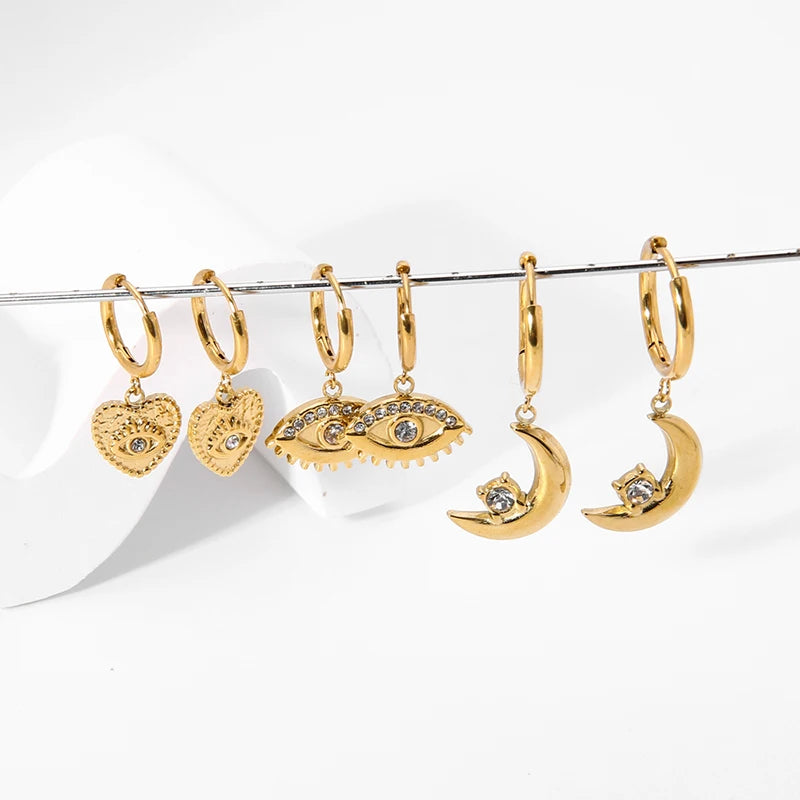 Trendy 14K Gold Plated Stainless Steel Dainty Dangle Dangle Earrings Paved Stone Turkish Eye Heart Drop Huggie Fashion Earrings