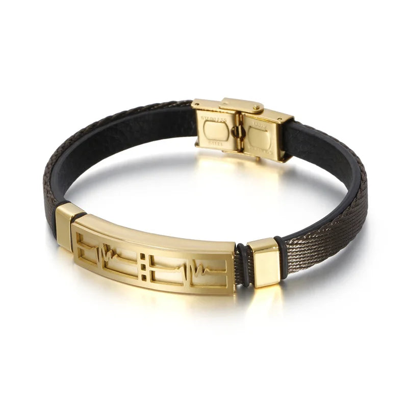 Minimalist Electrocardiogram Couple Bracelet Heartbeat Stainless Steel Bracelets Genuine Leather Bracelet Men
