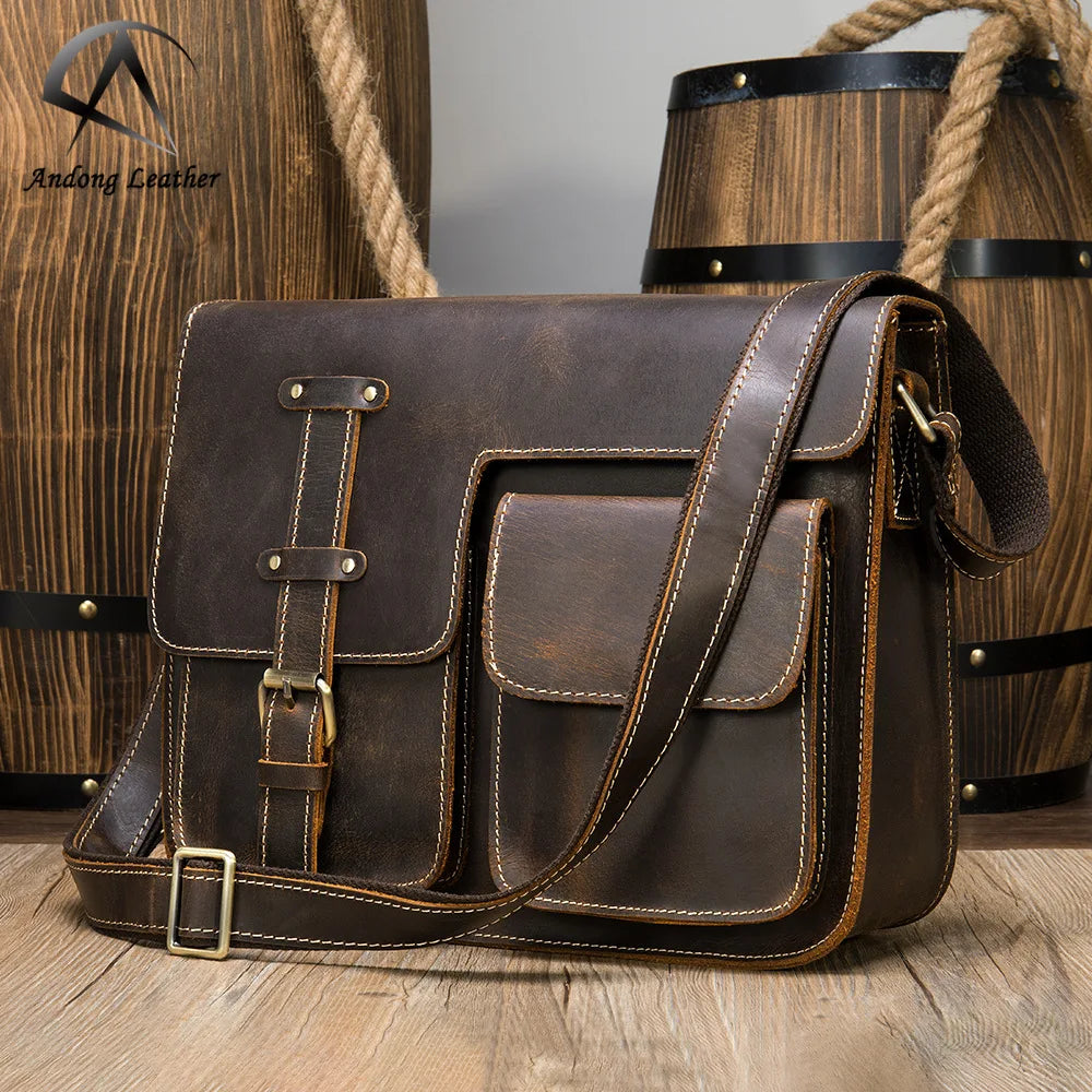 Andong Vintage Fashion Crossbody Bags Mens Shoulder Pocket Crazy Horse Leather Laptop Messenger Bag for Men Genuine Cowhide