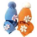 Landfond Accessory Winter Children's Thicken Warm Floral Decoration Knitted Pompom Hat Scarf Set