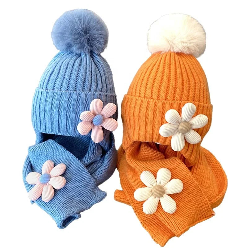 Landfond Accessory Winter Children's Thicken Warm Floral Decoration Knitted Pompom Hat Scarf Set
