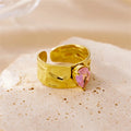 Trendy Open Gold-Plated Stainless Steel Ring for Women Thick Pink Gemstone Accent