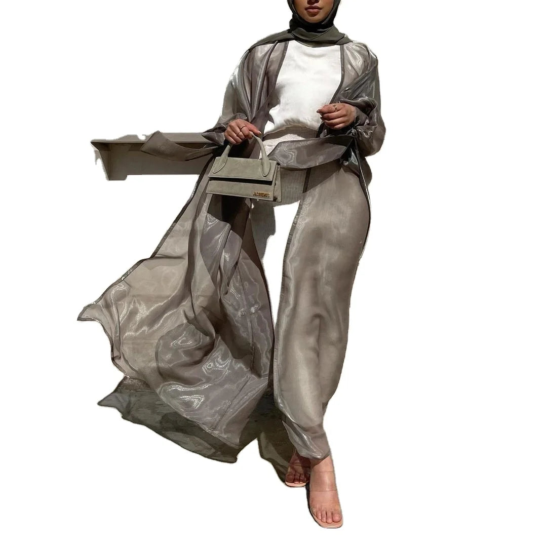 2022 Open Abaya Kebaya Dubai Maxi Dress Satin Kaftan Cardigan from Turkey Shiny Robe for Muslims Eid Bangladesh Islamic Clothing