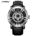 SINOBI Fashion Business Men's Quartz Watch Frosted Alloy Leather Band Unique Wheel Design Glass Dial Water Resistant 9759