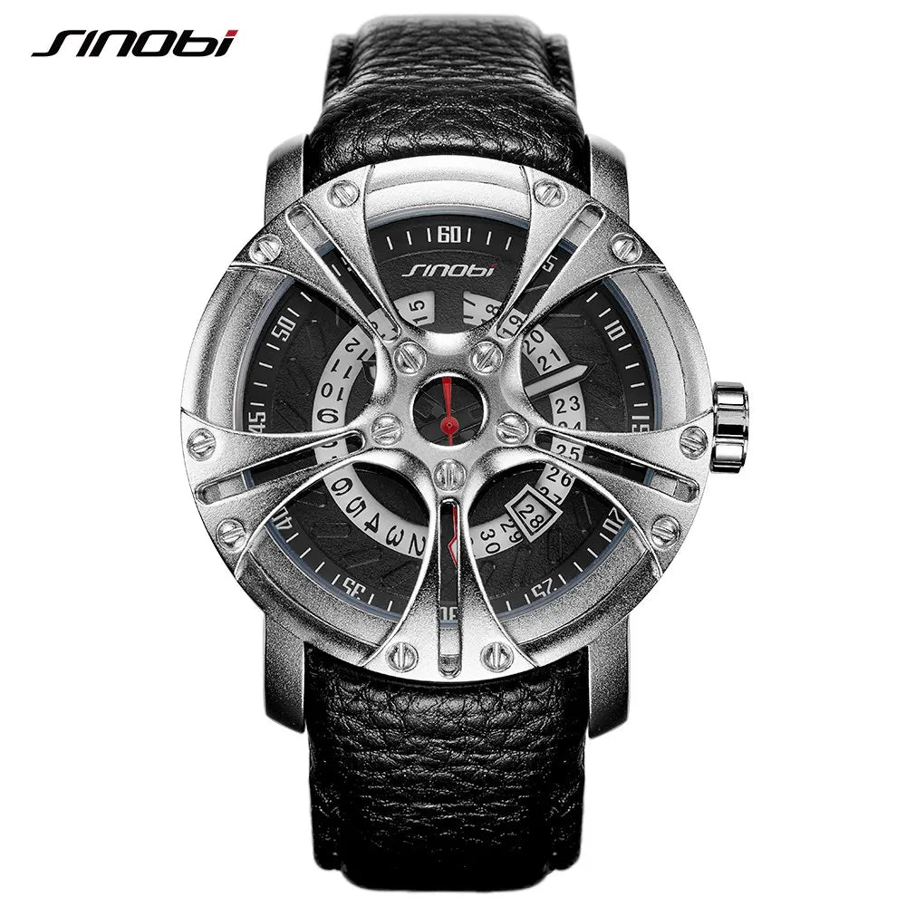 SINOBI Fashion Business Men's Quartz Watch Frosted Alloy Leather Band Unique Wheel Design Glass Dial Water Resistant 9759