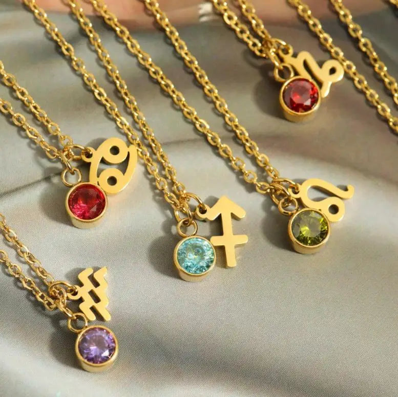 Hot Classic Twelve Constellations Necklace Rune Zircon Birthstone Stainless Steel Pendant Necklace