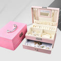Luxury Portable Double-Layer Large-Capacity Rectangle Shape Leather Jewelry Box with Lock and Handle