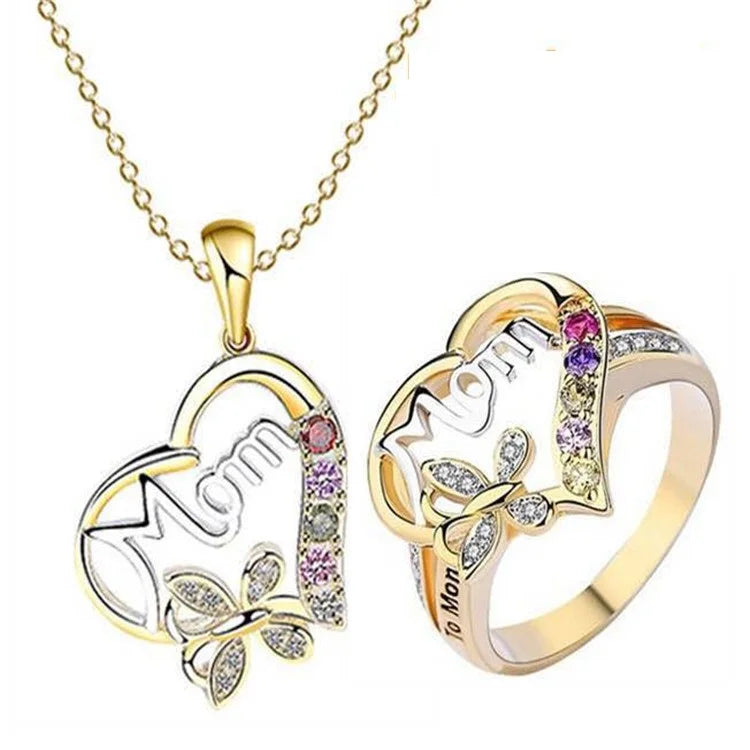 Popular Best Selling Gold Plating Rainbow Crystal Mom Heart Necklace Ring Set Full Crystal Leaf Heart Necklace for Mother's Day