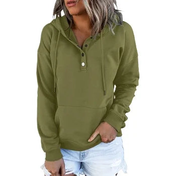 Fitspi Womens Pullover Sweatshirts With Button Collar And Drawstring Hooded Design