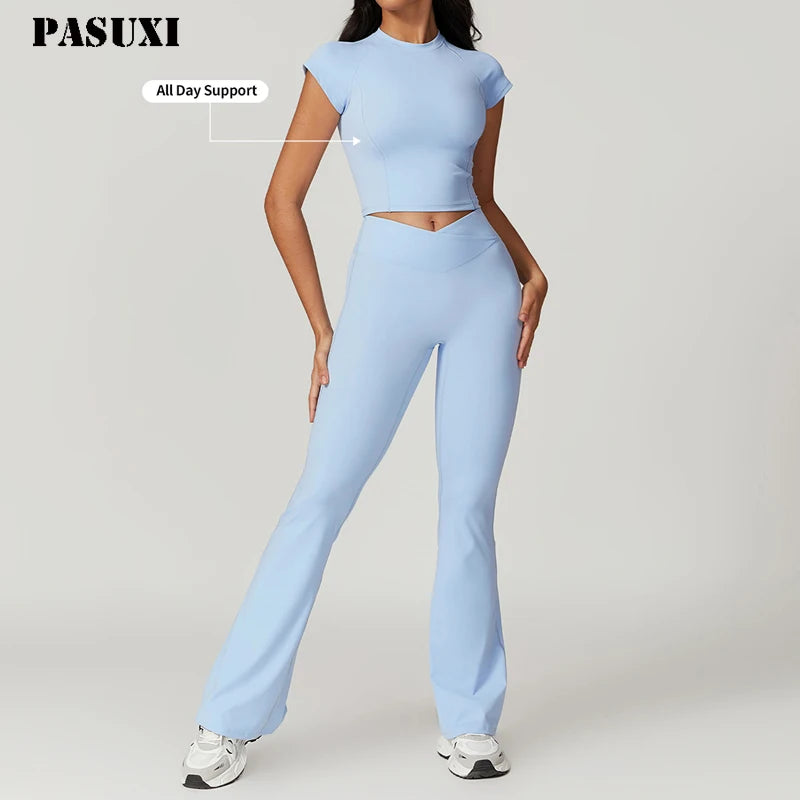 PASUXI Custom Women Lightweight Soft Pants Leggings and Yoga T Shirt Shorts Tops OEM Gym Workout Clothes Running Pants Yoga Sets
