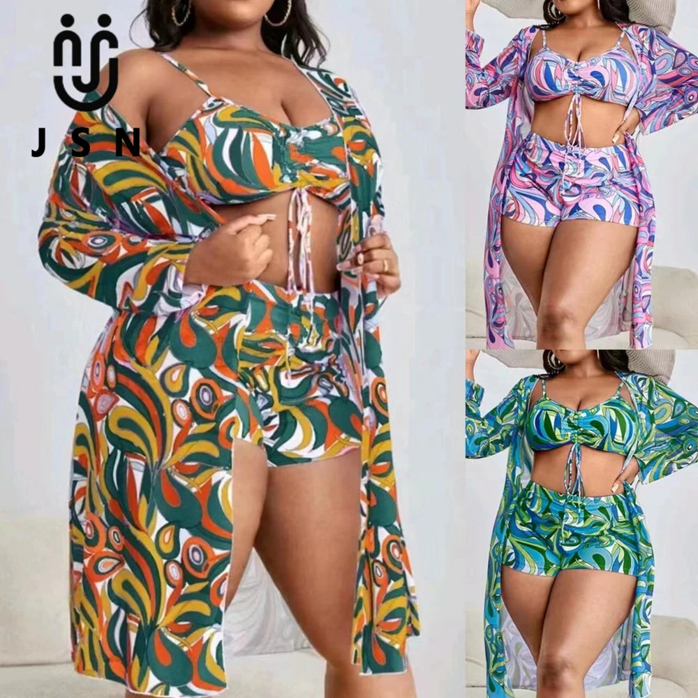 JSN 2026 Customize High Waist Plus Size Swimsuit Women Custom Cover up Bikini 3 Piece Set Beachwear Bathing Suit Print Bikini