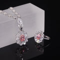 AR338 Abiding Sumptuous Cluster Diamond-fire Padparadscha CZ 925 Silver Iced Out Pink Cz Halo Flower Pendant Charms Ring Set